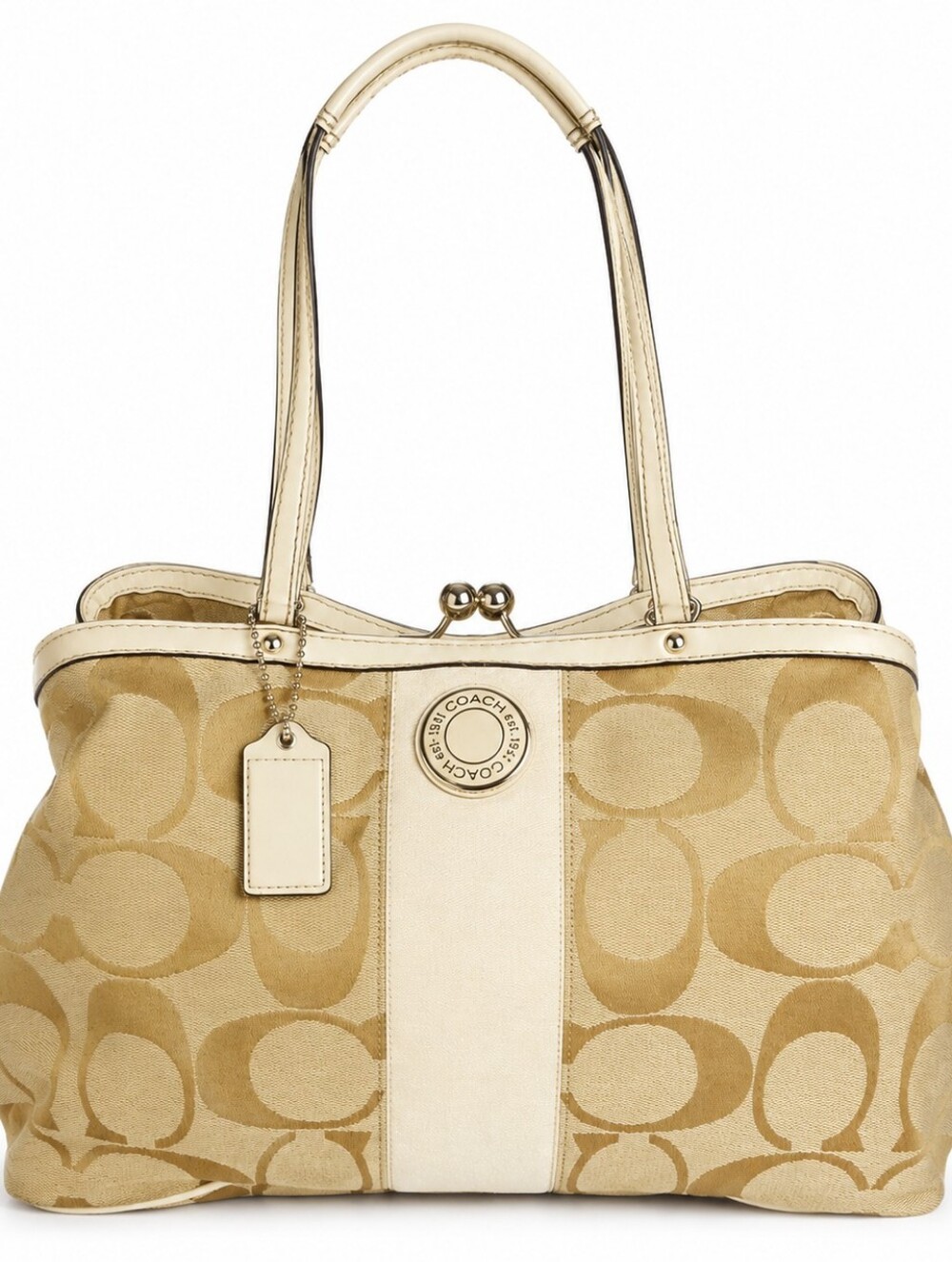 Coach Kiss Lock Tan and Cream Signature Canvas Tote